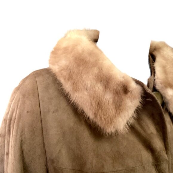 VTG 1960s Women's Suede Coat Mink Fur Collar Sz 10 Camel/Tan #265F - Picture 7 of 9